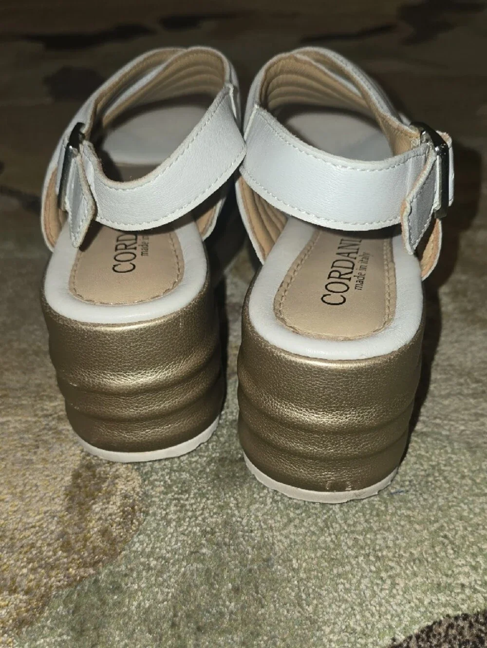 Cordani Yvonne White Leather Platform Sandals with Gold Sole